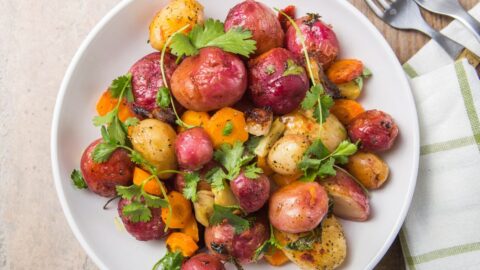 Healthy Yellow and Purple Potatoes in a Plate