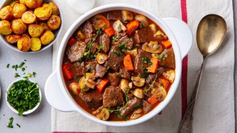 Homemade Beef Bourguignon Stew with Carrots, Mushrooms and Potatoes