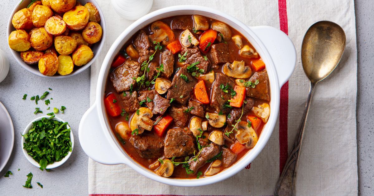 Homemade Beef Bourguignon Stew with Carrots, Mushrooms and Potatoes