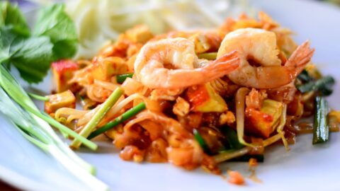 Homemade Pad Thai with Noodles, Shrimp and Rice
