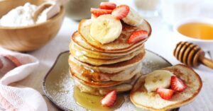 Homemade Rice Flour Pancake with Banana, Strawberries and Honey