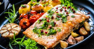 Homemade Salmon Steak with Vegetables and Potatoes
