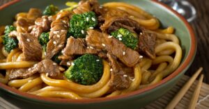 Homemade Udon Noodles with Broccoli, Beef and Sesame Seeds