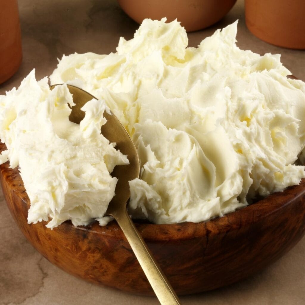 Creamy Mascarpone Cheese in a Wooden Bowl