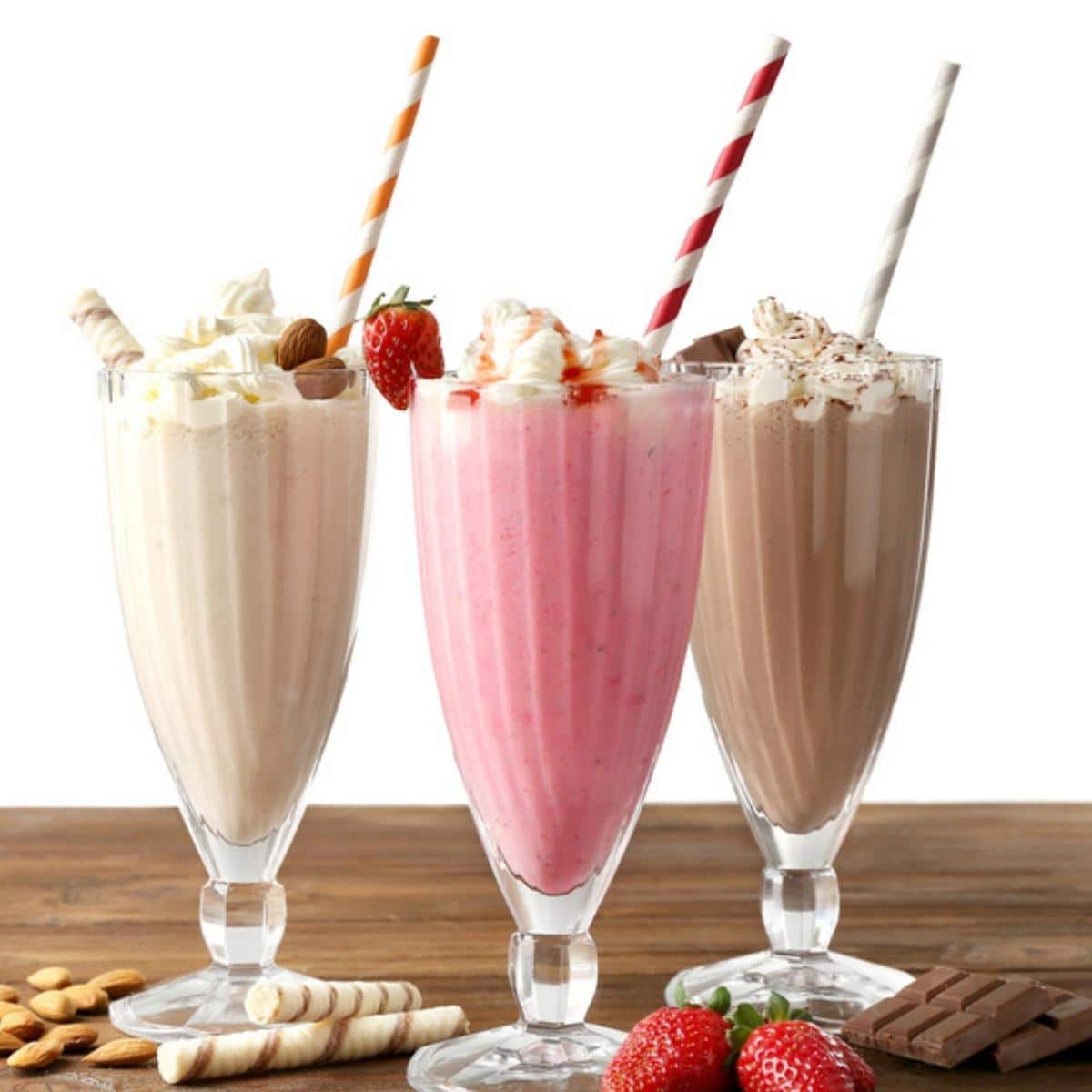 Chocolate, milk and strawberry milkshakes with straw, topped with cream puff, chocolates and fruits. 