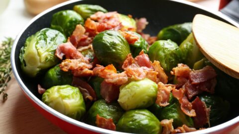 Roasted Brussels Sprouts with Bacon in a Pan