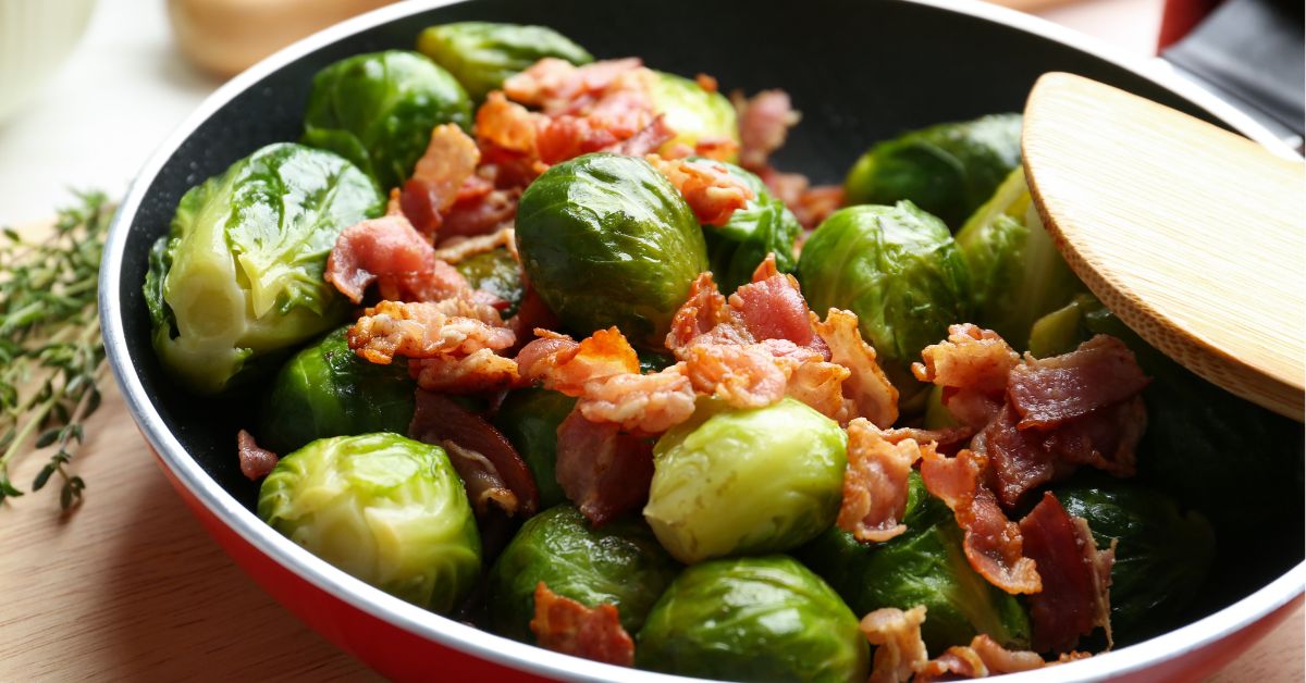 Roasted Brussels Sprouts with Bacon in a Pan
