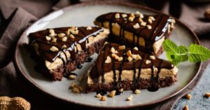 Sliced Chocolate Peanut Butter Cake in a Plate