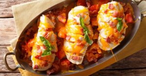 Spicy Homemade Stuffed Chicken Breast with Tomatoes, Cheese and Bacon