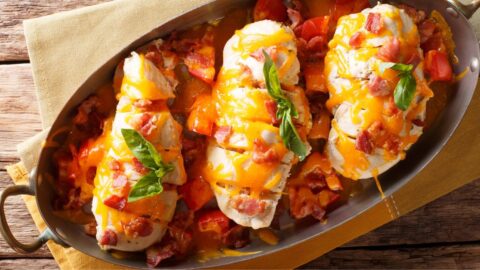 Spicy Homemade Stuffed Chicken Breast with Tomatoes, Cheese and Bacon