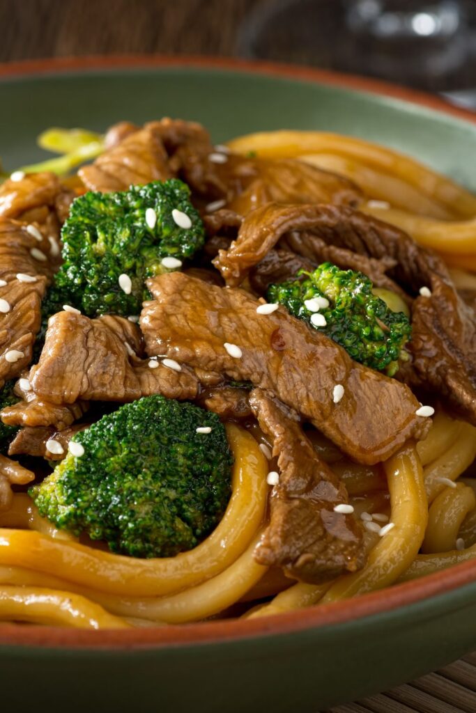 Udon Noodles with Beef Teriyaki and Broccoli