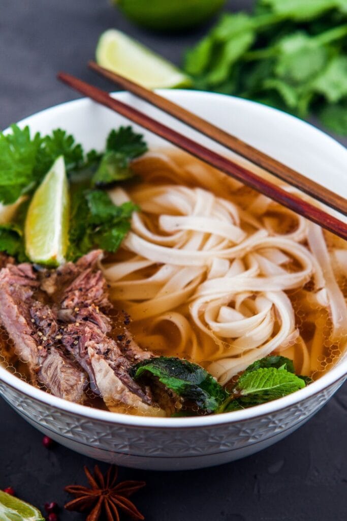 Vietnamese Pho Bo with Rice Noodle Soup and Beef