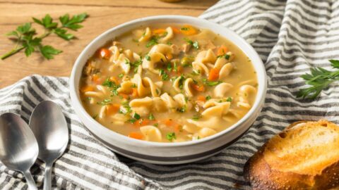 Warm Homemade Chicken Noodle Soup with Bread