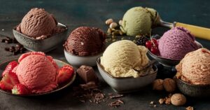 Assorted Gelato Ice Cream with Berries, Chocolate and Pistachio