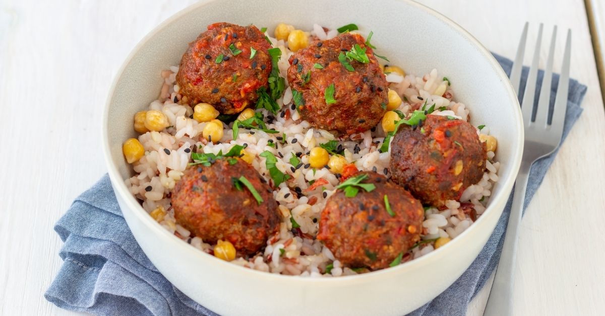 Bowl of Ground Turkey Meatballs and Rice with Corn