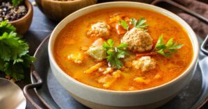 Bowl of Homemade Ground Turkey Meatballs Soup with Lentils