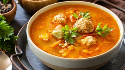 Bowl of Homemade Ground Turkey Meatballs Soup with Lentils