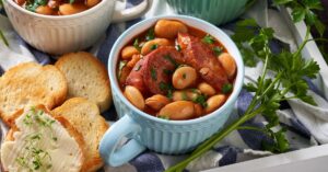 Chipolata Sausage and Beans in a Ramekin with Bread