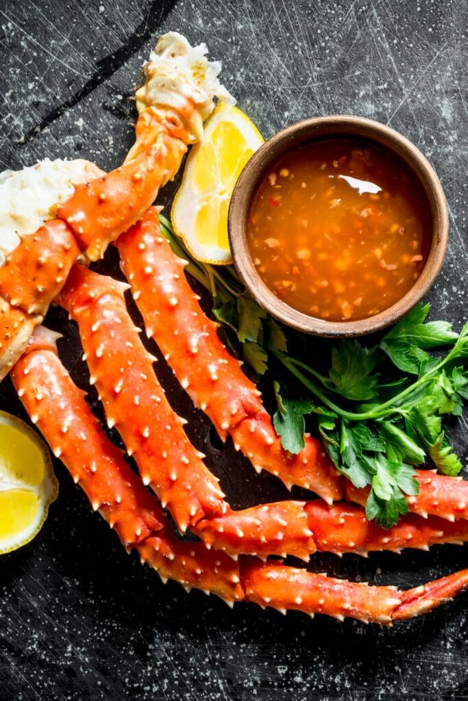 Crab Legs with Hots Sauce, Lemons and Parsley