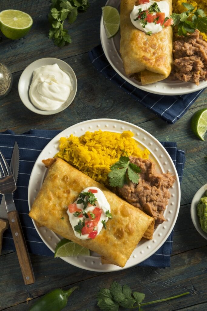 Deep Fried Beef Chimichanga with Rice and Beans