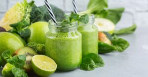 Healthy Homemade Refreshing Green Smoothies with Kiwi, Lime and Vegetables