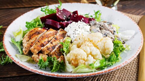 Homemade Boiled Cauliflower and Chicken with Beetroot Salad