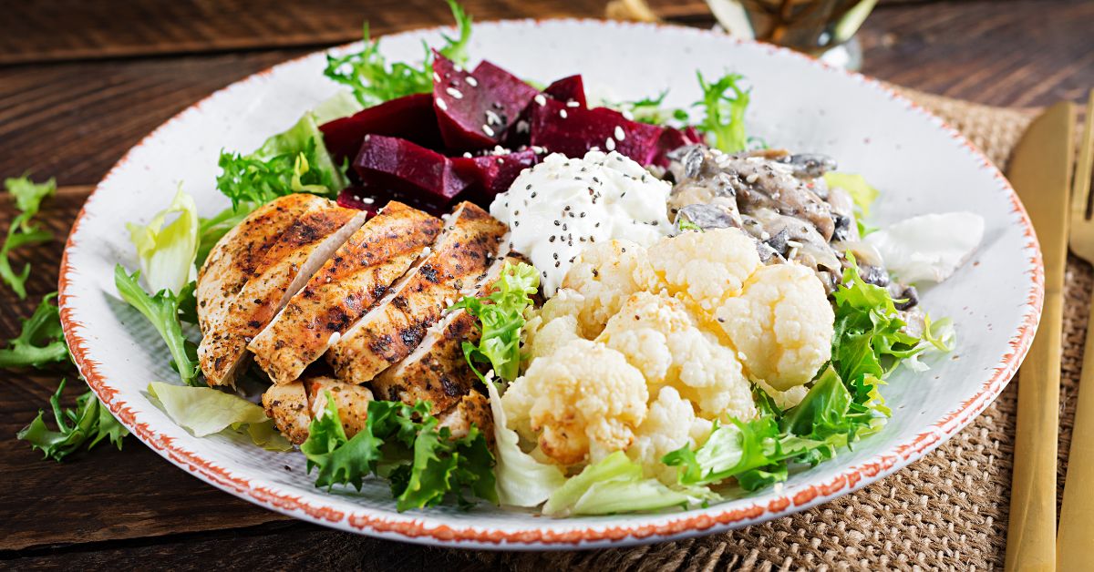 Homemade Boiled Cauliflower and Chicken with Beetroot Salad