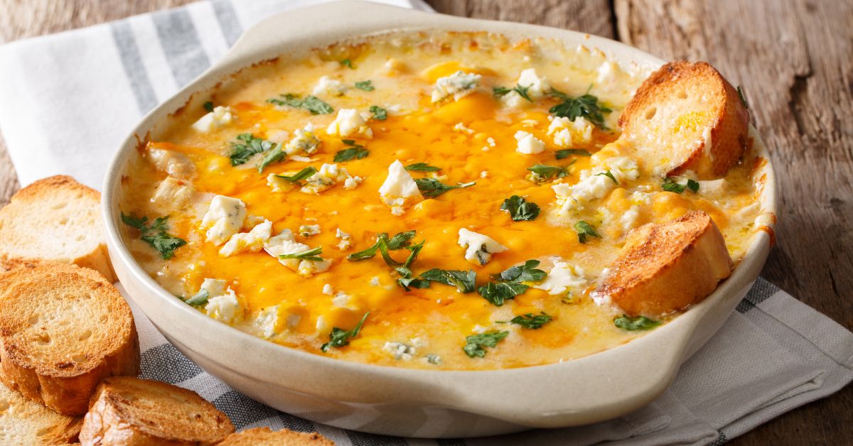Homemade Buffalo Chicken Dip with Cheese, Herbs and Toasted Bread