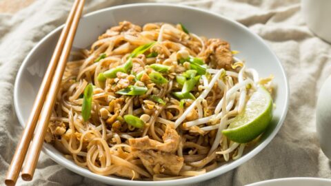 Homemade Chicken Pad Thai with Bean Sprouts and Peanuts