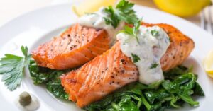 Homemade Cooked Grilled Salmon with Dill Sauce