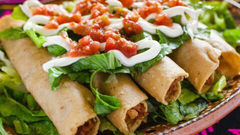 Homemade Flautas De Pollo or Mexican Chicken Tacos with Salsa