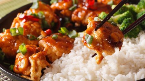 Homemade General Tso's Spicy Chicken with Rice and Broccoli