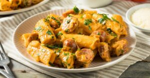 Homemade Rigatoni with Cream Sauce and Chicken Apple Sausage