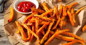 Homemade Sweet Potato Fries with Ketchup and Spices
