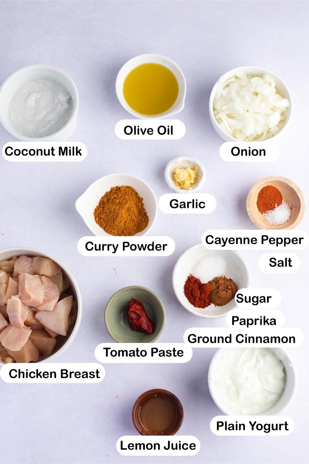 Indian Chicken Curry Recipes - Chicken, Olive Oil, Onion, Garlic, Sugar, Salt, Tomato Paste, Lemon Juice and Cayenne Pepper