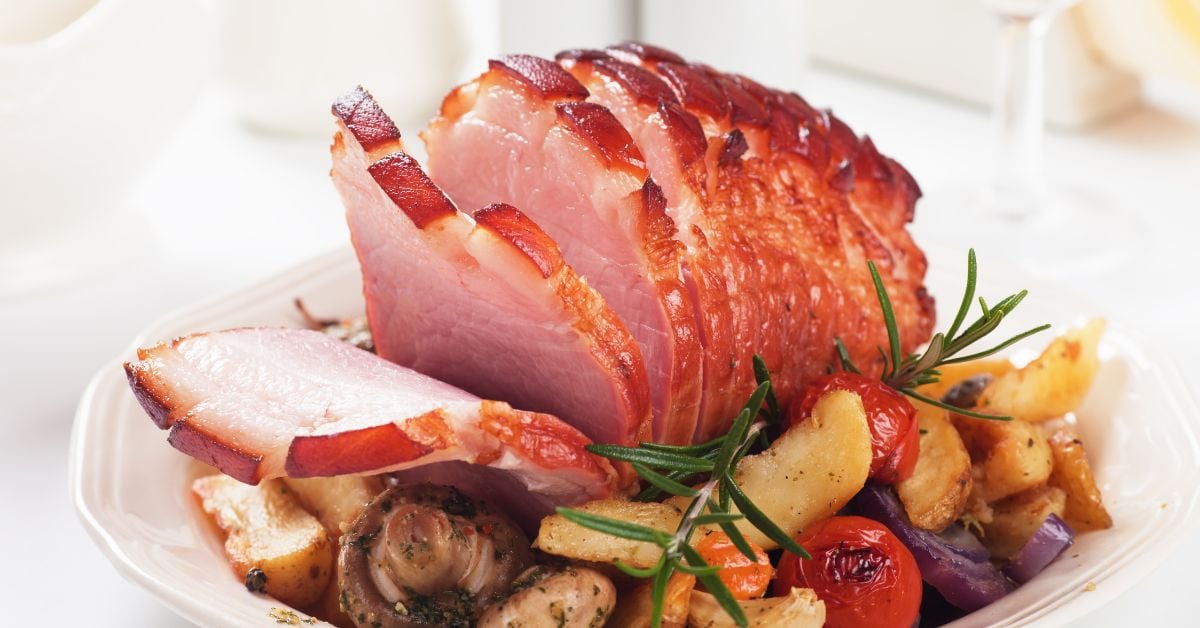 Roasted Gammon Ham with Mushrooms and Vegetables
