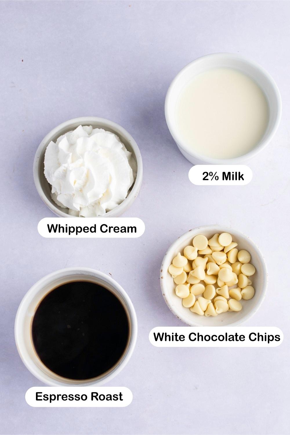 Starbucks White Chocolate Mocha Ingredients - White Chocolate Chips, Starbucks Espresso Roast, Milk and Whipped Cream