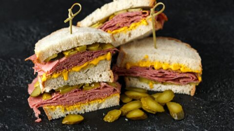 Tasty Pastrami Sandwich with Pickles and Cheese