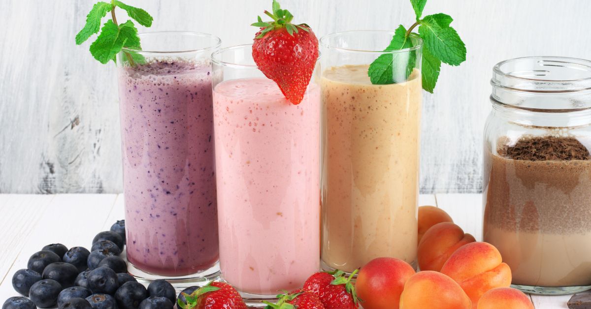 Various Protein Shakes: Strawberry, Blueberry and Peaches