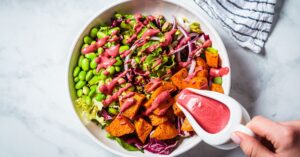 Vegan Salad: Sweet Potatoes, Onions, Green Peas, Nuts with Beetroot Dressing