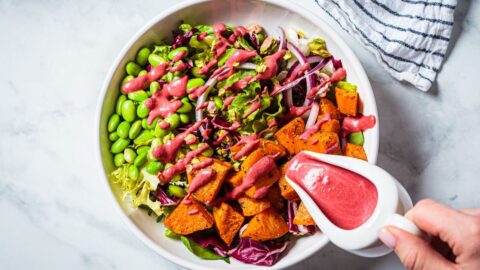 Vegan Salad: Sweet Potatoes, Onions, Green Peas, Nuts with Beetroot Dressing