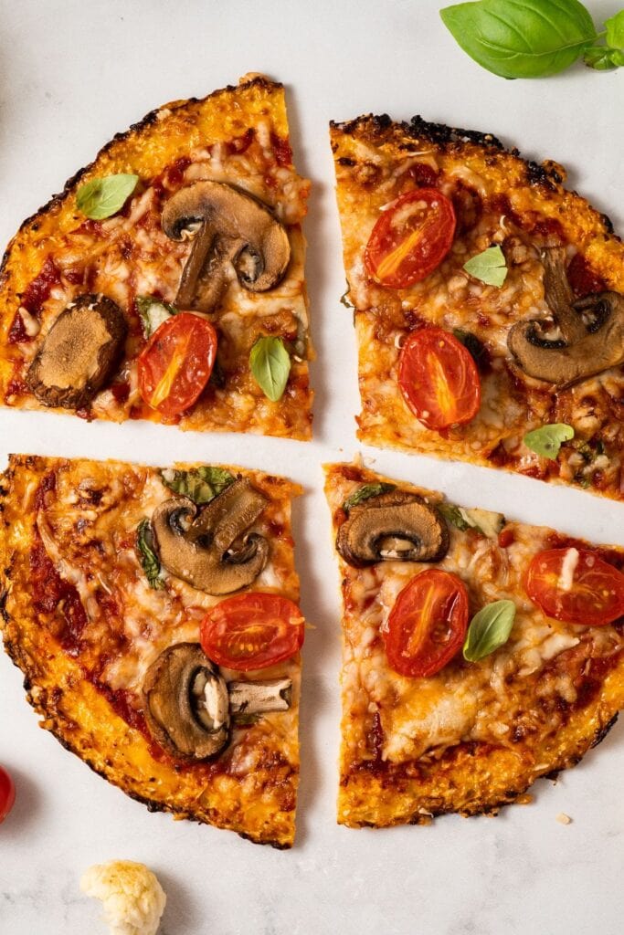 Vegetarian Keto Pizza with Tomatoes and Mushrooms