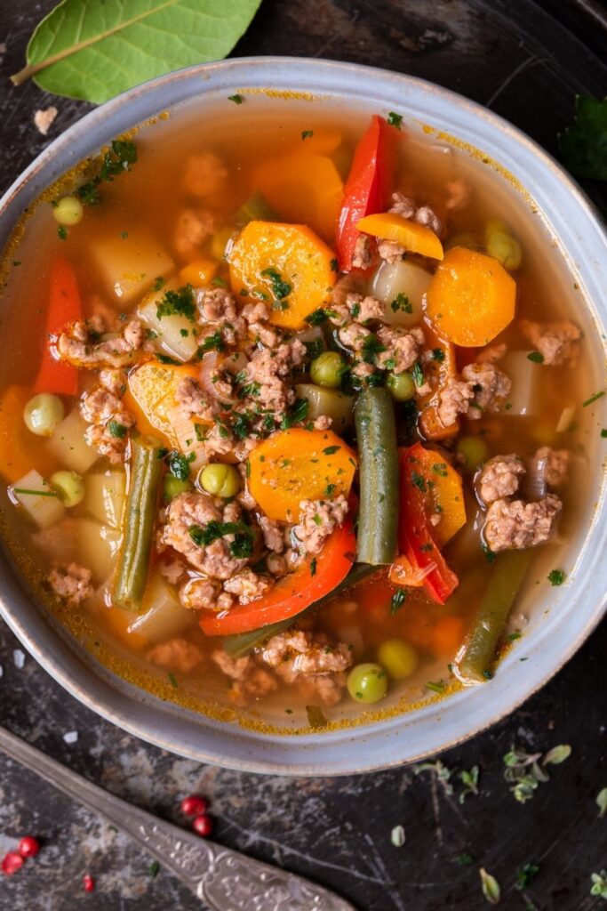 Warm Hamburger Soup with Vegetables in a Bowl