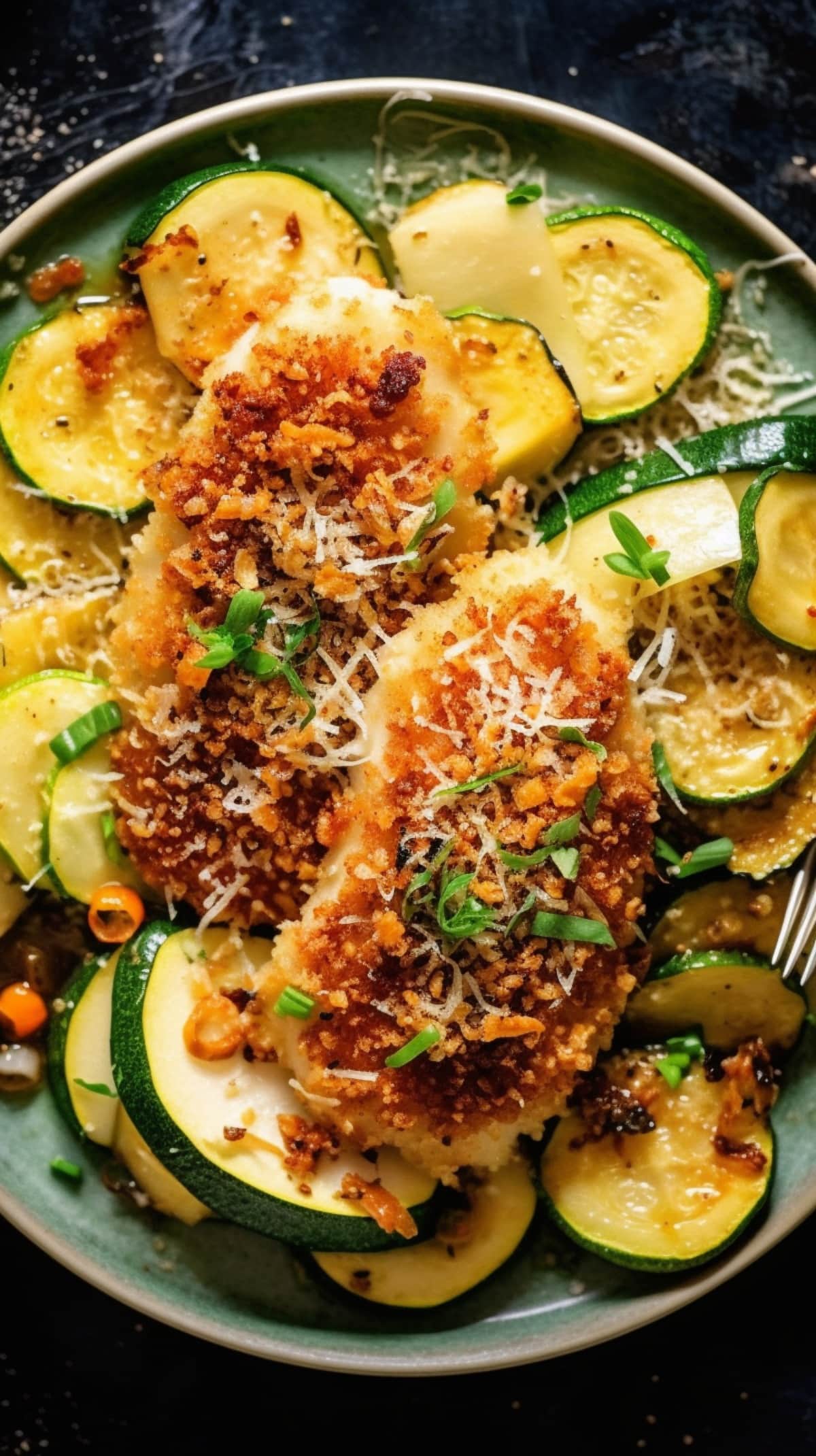 Crispy Parmesan Chicken with baked zucchini