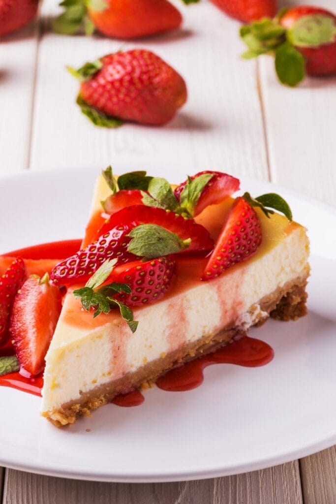 A Slice of Cheese Cake with Cresh Strawberries and Sauce