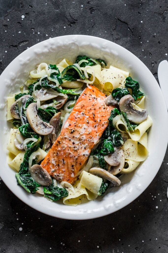 Baked Salmon with Pasta, Creamy Spinach and Mushroom Sauce