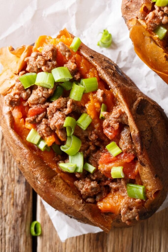 Baked Stuffed Sweet Potatoes with Ground Beef and Green Onions