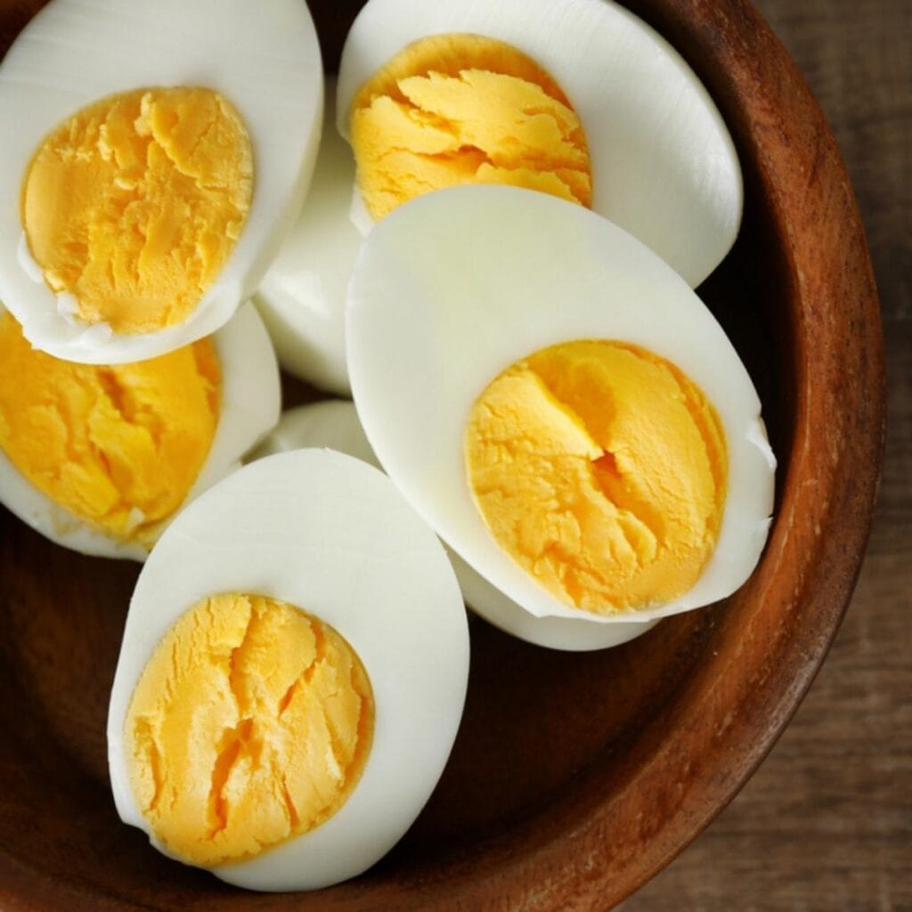 Boiled Eggs cut in half in a bowl