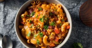 Bowl of Chili Mac and Cheese with Red Beans and Cilantro