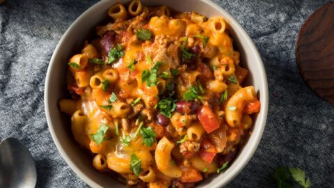 Bowl of Chili Mac and Cheese with Red Beans and Cilantro